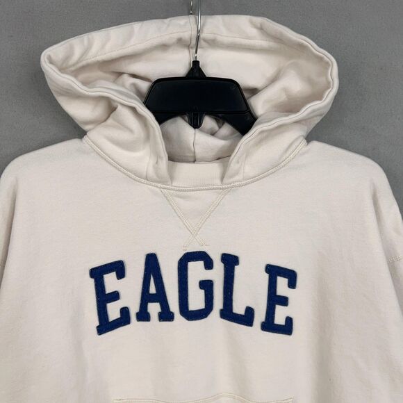 American Eagle Hoodie Womens 2XS White Pullover Fleece Kangaroo Pocket Spell Out - Picture 2 of 15